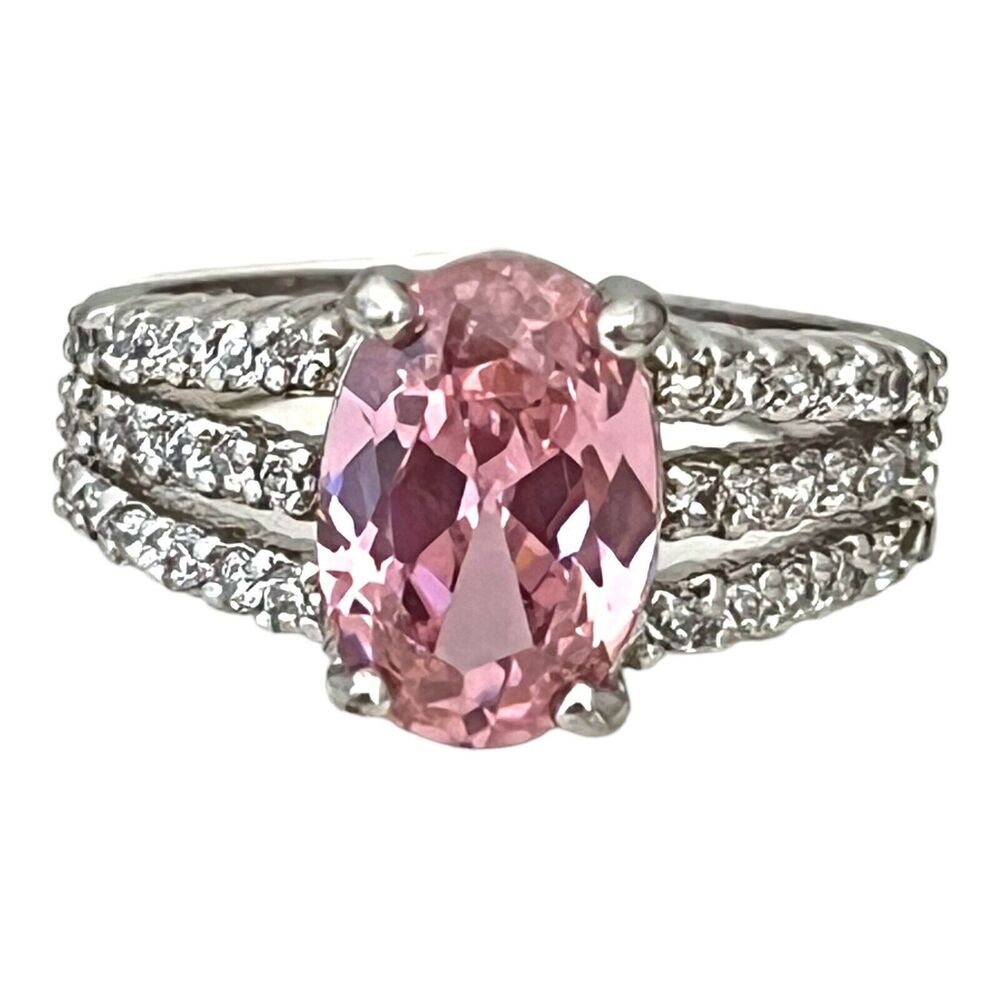 New Pink CZ Ring Oval Cubic Zirconia Pave Band Silver Tone Size 8 - 5V